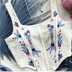 Embroidered Floral Corset Crop Top White Cottagecore Coquette Size L